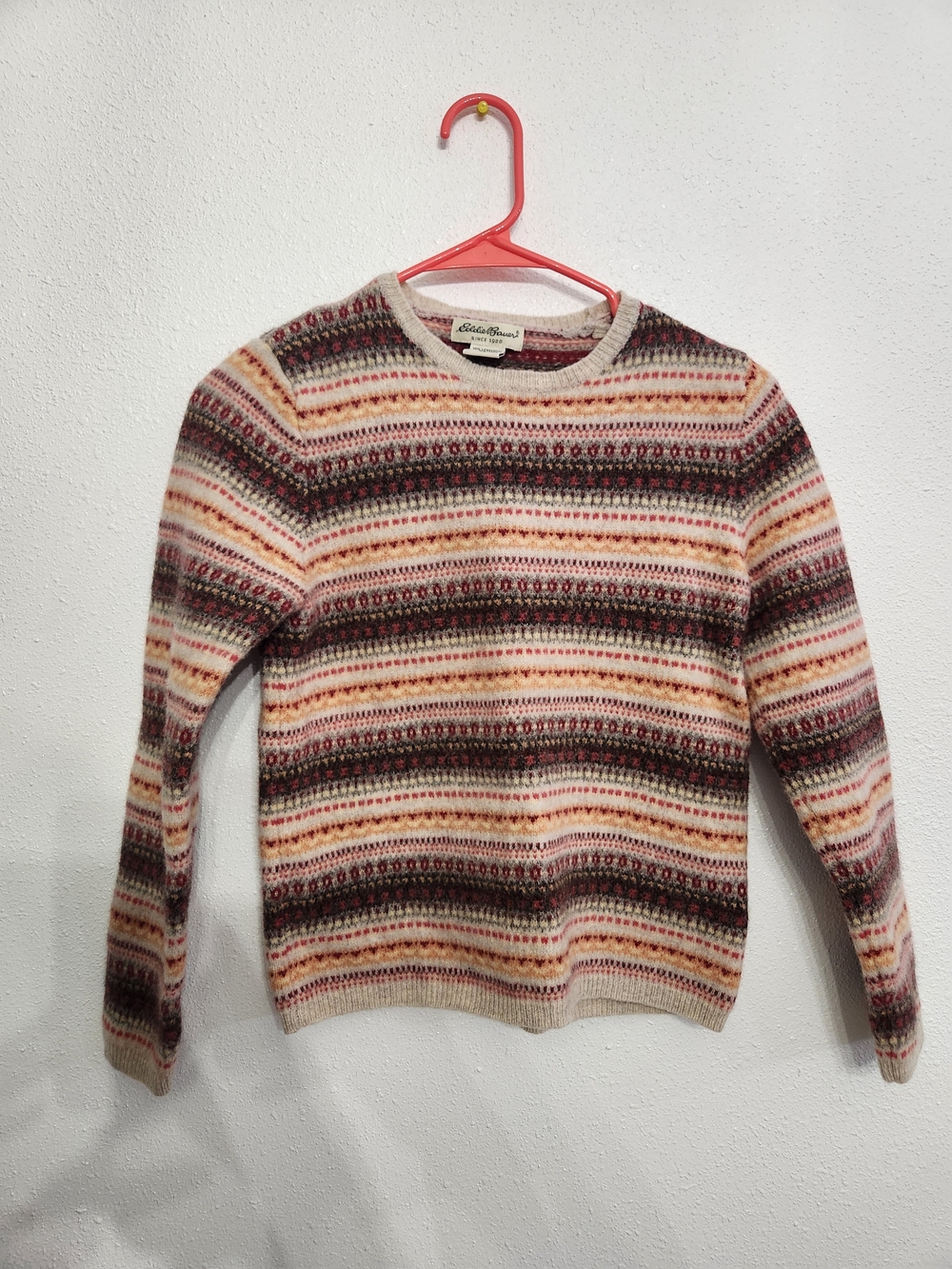 Eddie Bauer Cream Fair Isle Crewneck Sweater with Burgundy & Rust Stripes